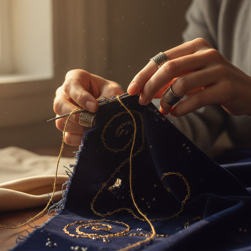 Close-up of hands working with fabric